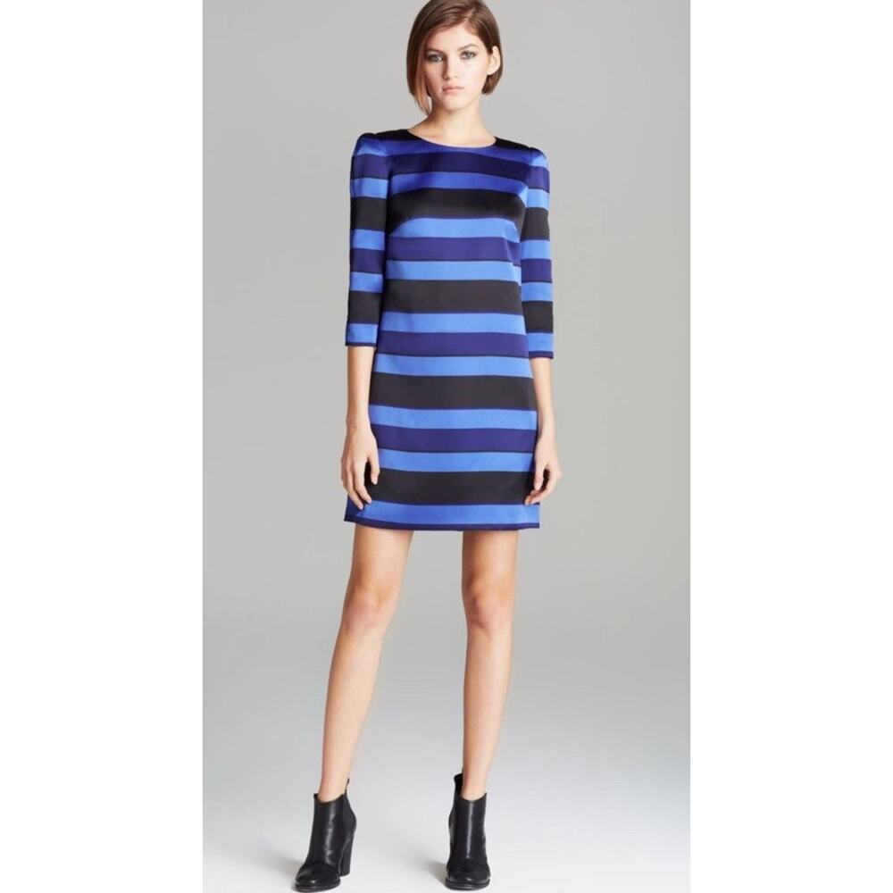 Cynthia Steffe Black & Blue Stripe Satin Shift Cocktail Dress. Size 4